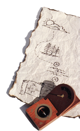 Hand drawn map with tattered burned edges and an old wood compass.
